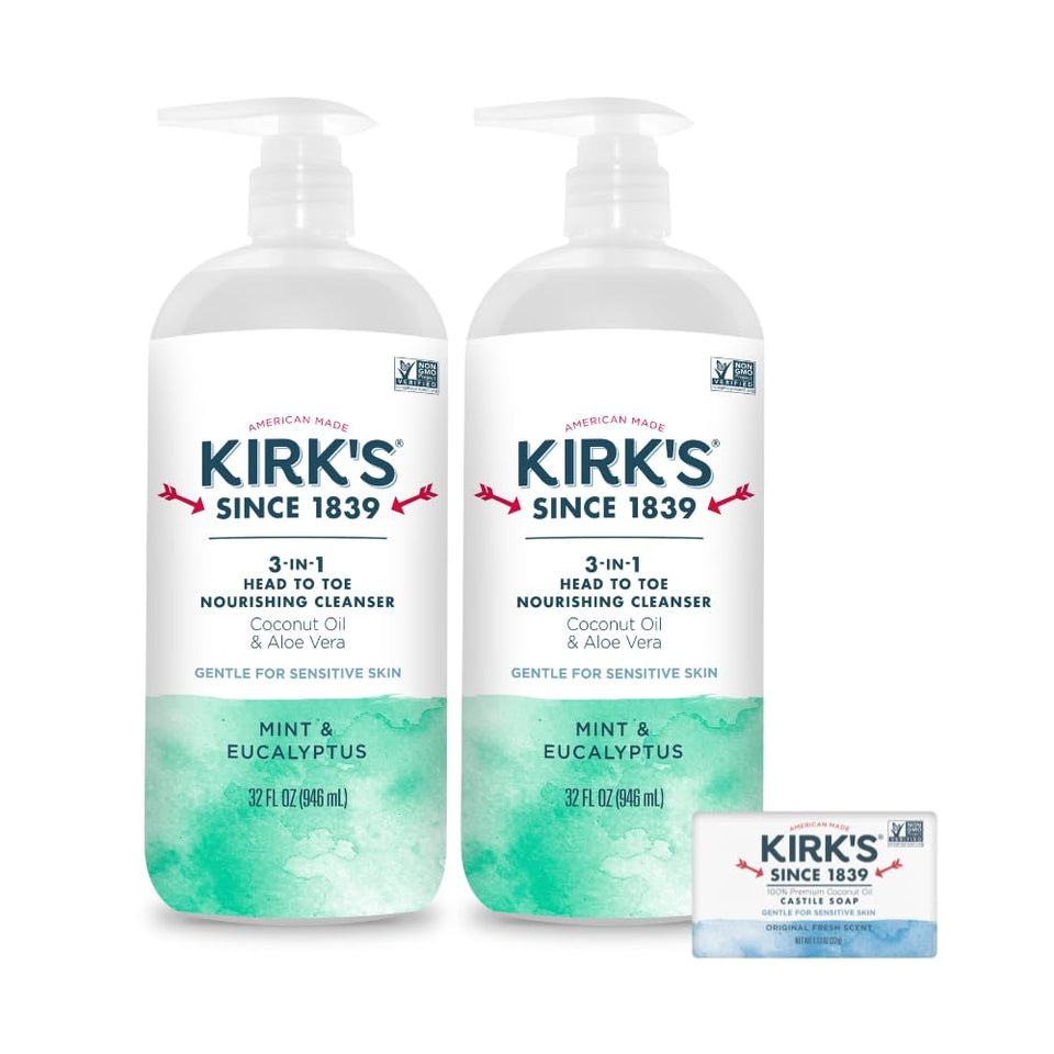 Kirk's 3-in-1 bottle pump showing all-in-one cleansing for the family
