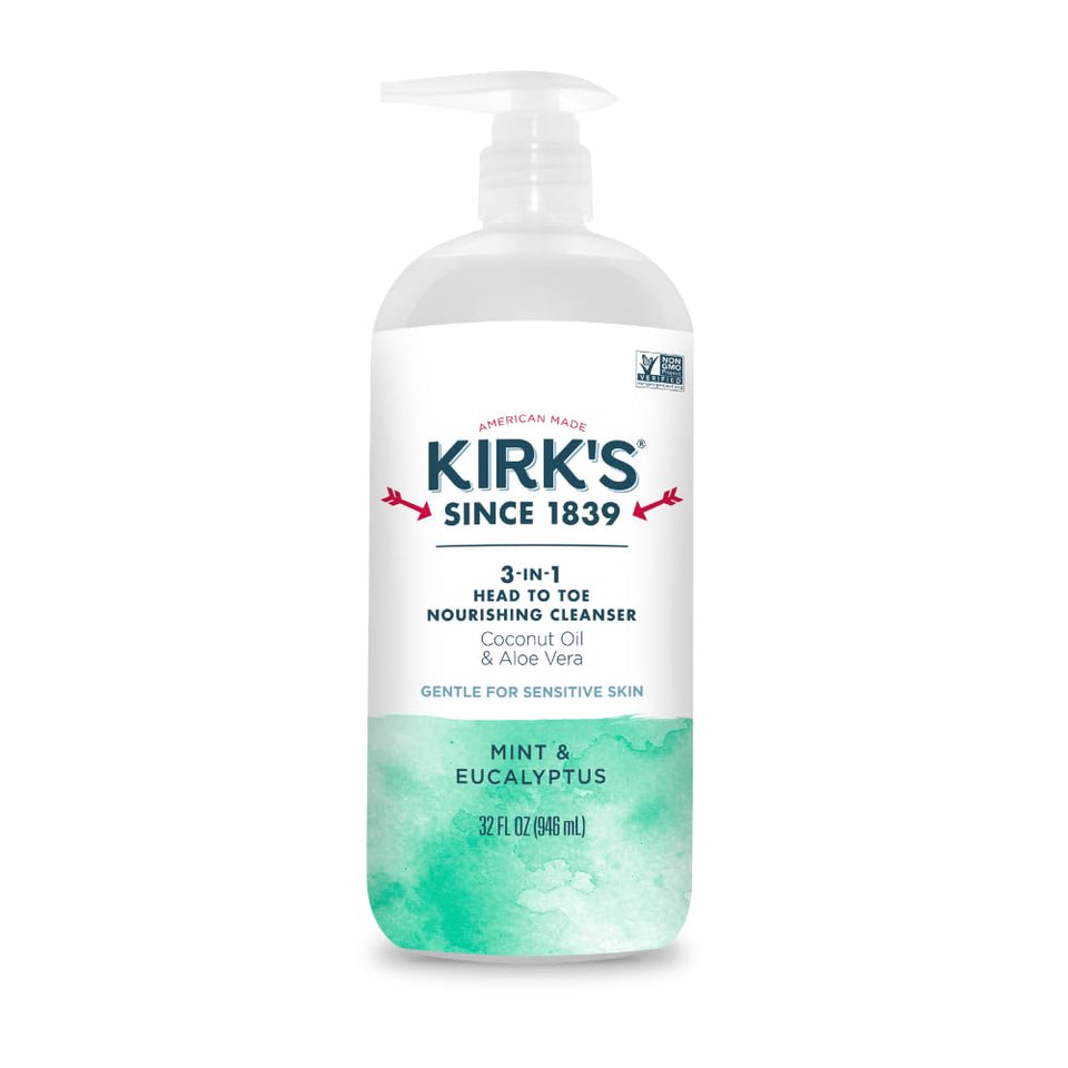 Kirks 3-in-1 head-to-toe cleanser bottle for simple family showers and baths