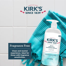 Two-pack Kirk's cleanser and bar soap packaging for family use