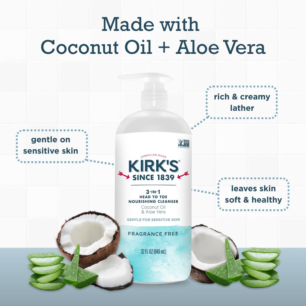 Travel-size Kirk's bar soap included beside liquid cleanser