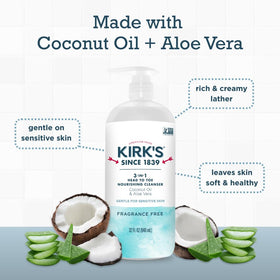 Travel-size Kirk's bar soap included beside liquid cleanser