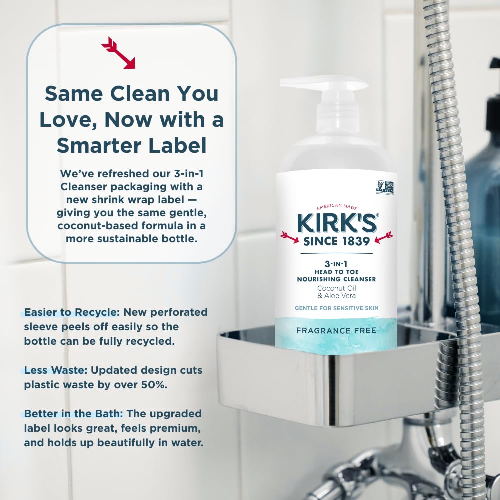 American-made Kirk's logo on cleanser packaging emphasizes heritage