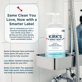 American-made Kirk's logo on cleanser packaging emphasizes heritage