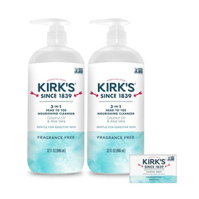 Kirk's 3-in-1 cleanser bottle shows gentle, head-to-toe cleansing for sensitive skin