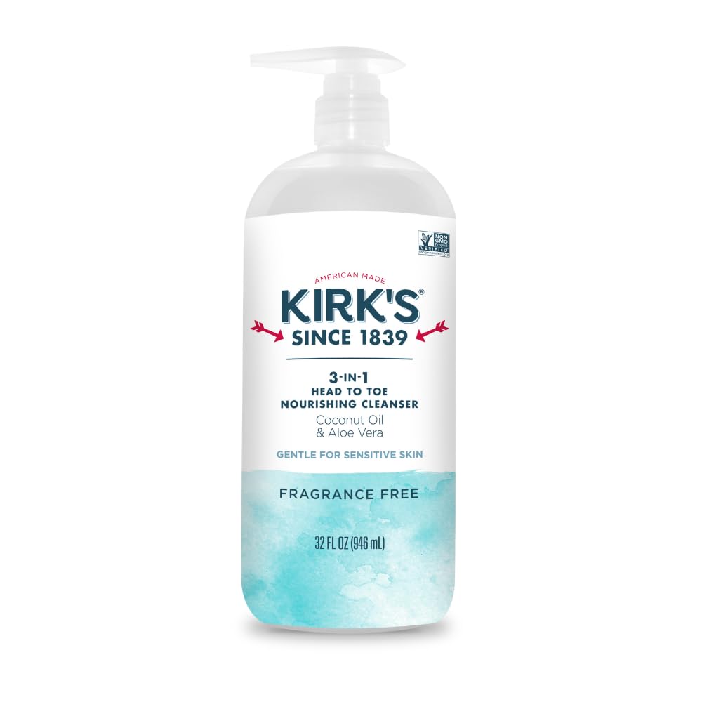 Kirk's 3-in-1 bottle pump in use for easy all-over cleansing and moisturization