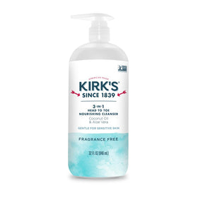 Kirk's 3-in-1 bottle pump in use for easy all-over cleansing and moisturization