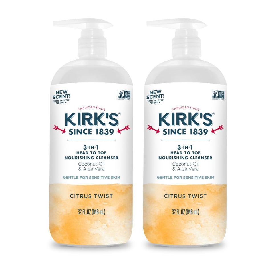 Kirks 3-in-1 head-to-toe cleanser bottle pump for easy daily use.