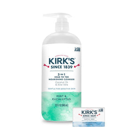 Kirk's 3-in-1 bottle front view highlighting mint and eucalyptus scent for all-in-one cleansing.