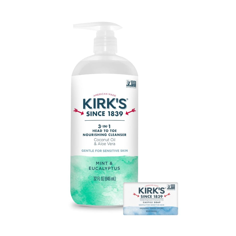 Kirk's 3-in-1 bottle front view highlighting mint and eucalyptus scent for all-in-one cleansing.