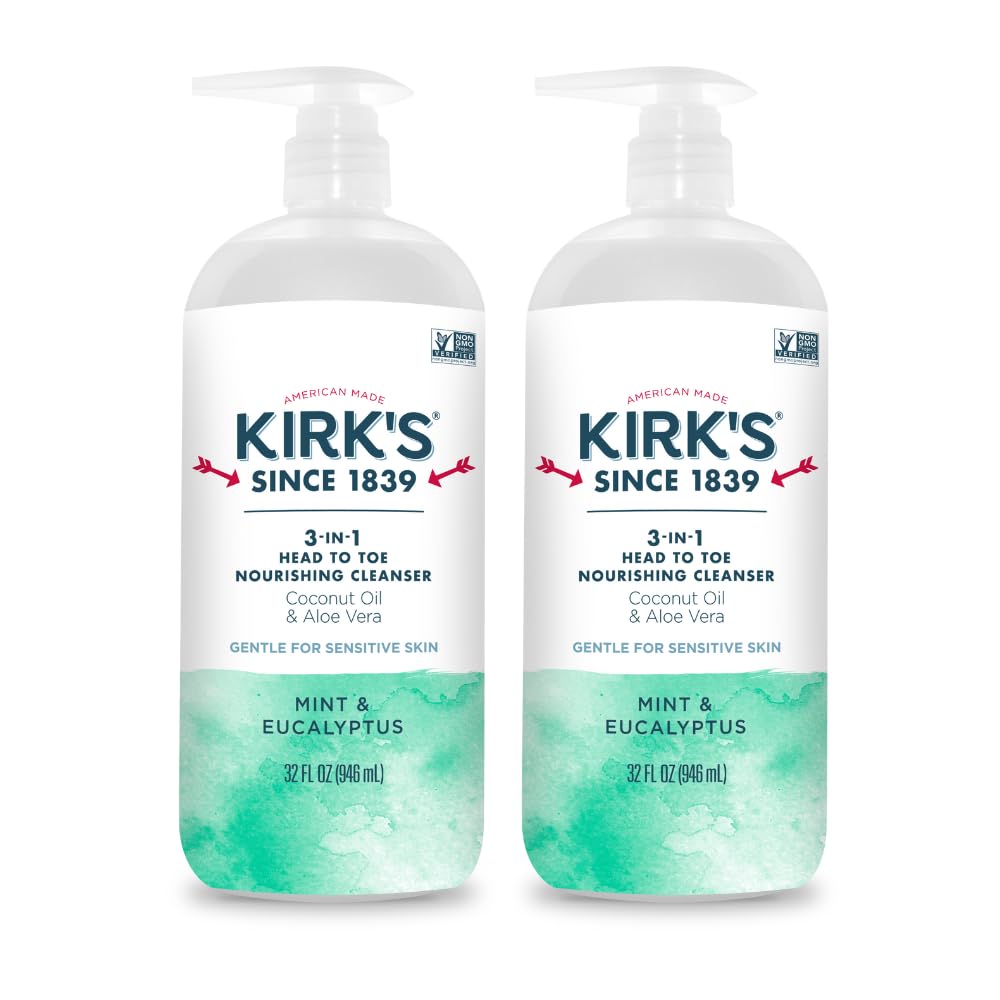 Kirk's 3-in-1 cleanser bottle with mint-eucalyptus scent for gentle head-to-toe cleansing.