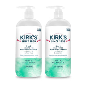 Kirk's 3-in-1 cleanser bottle with mint-eucalyptus scent for gentle head-to-toe cleansing.