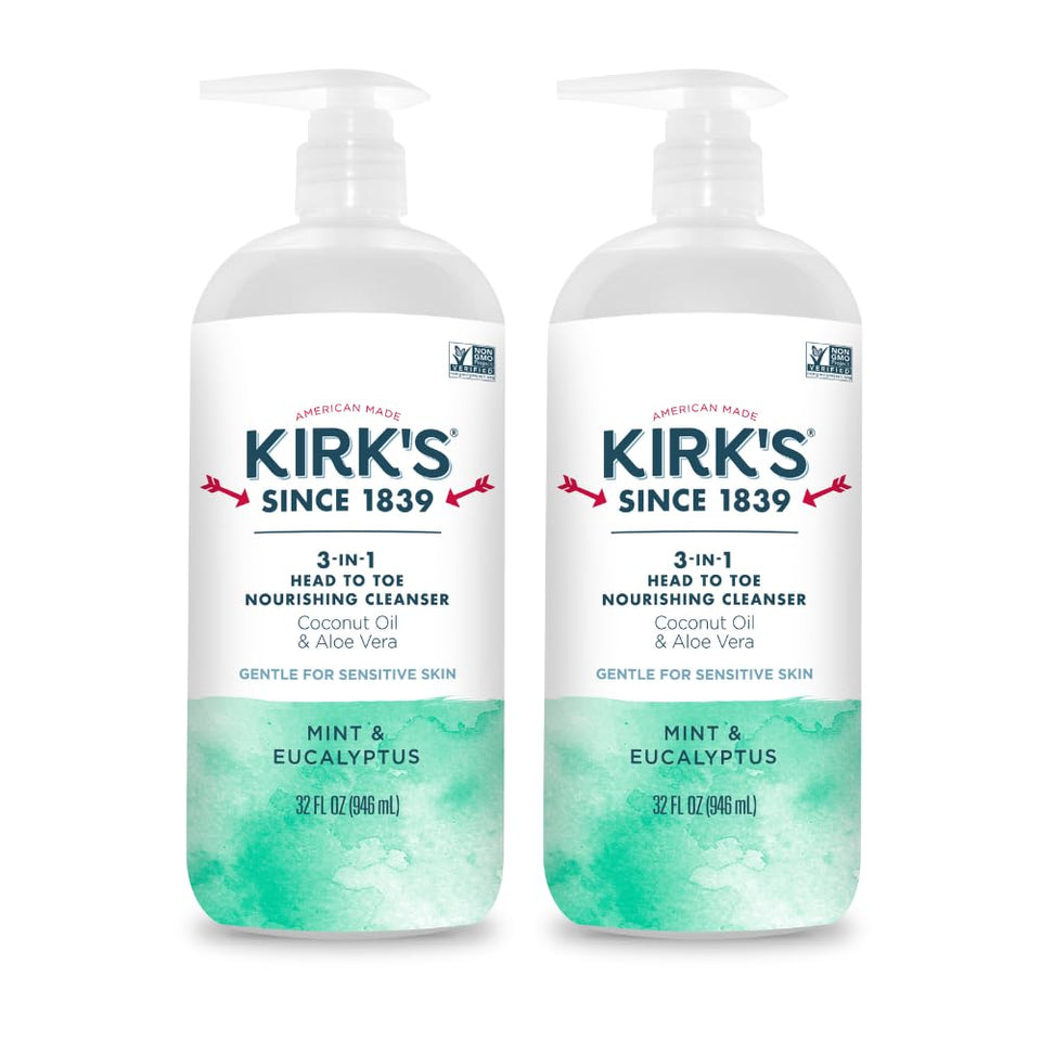 Kirk's 3-in-1 cleanser bottle with mint-eucalyptus scent for gentle head-to-toe cleansing.