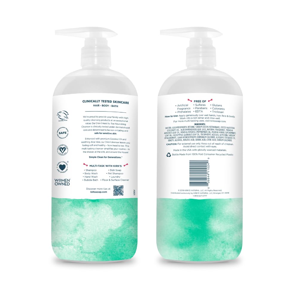 Pump bottle dispensing Kirk's cleanser for easy use in shower or bath.