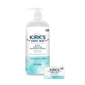 Kirk's 3-in-1 Nourishing Cleanser bottle pump, all-in-one care