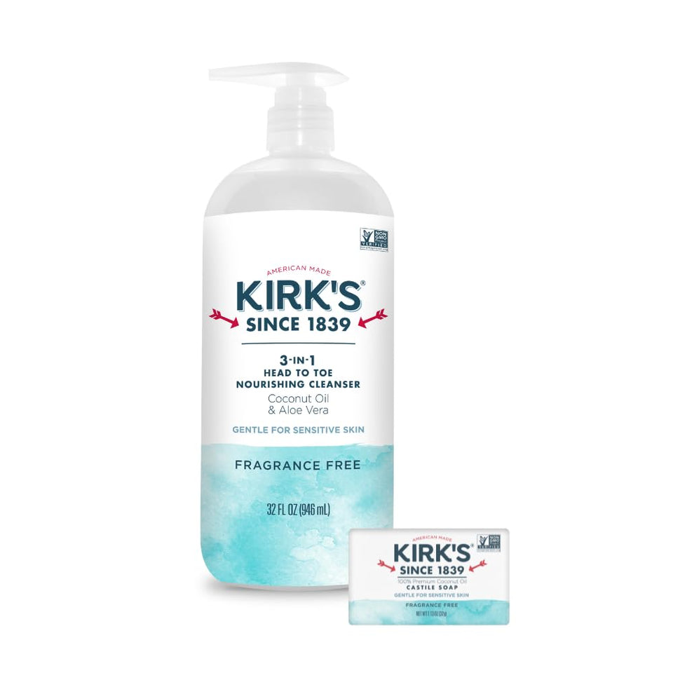Kirk's 3-in-1 Nourishing Cleanser bottle pump, all-in-one care