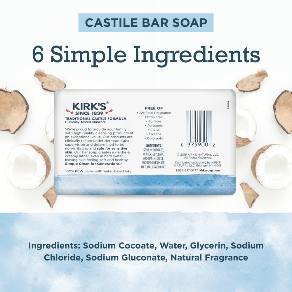 Kirk's Castile soap fragrance-free unscented bar ideal for sensitive skin and gentle washing.