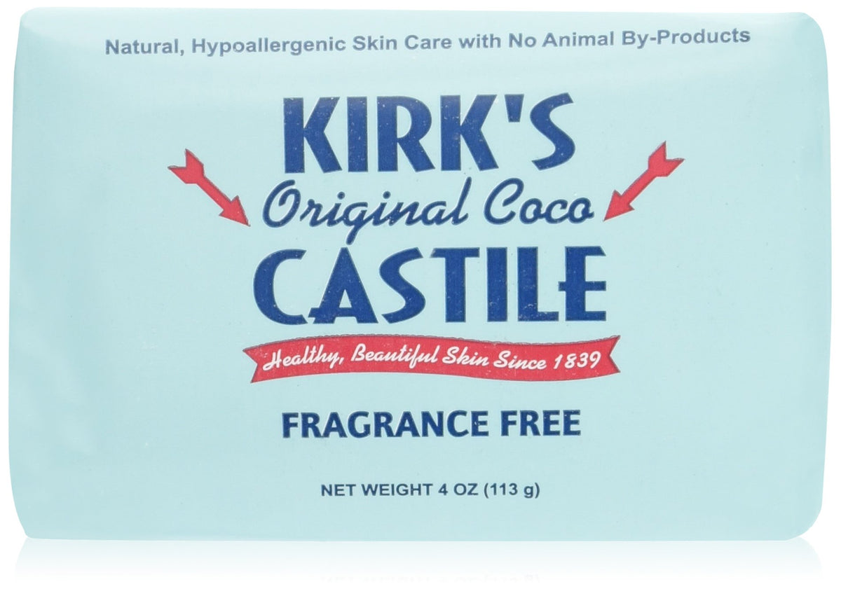 Kirk's Coco Castile Soap fragrance-free pack of five bottles, gentle for sensitive skin.