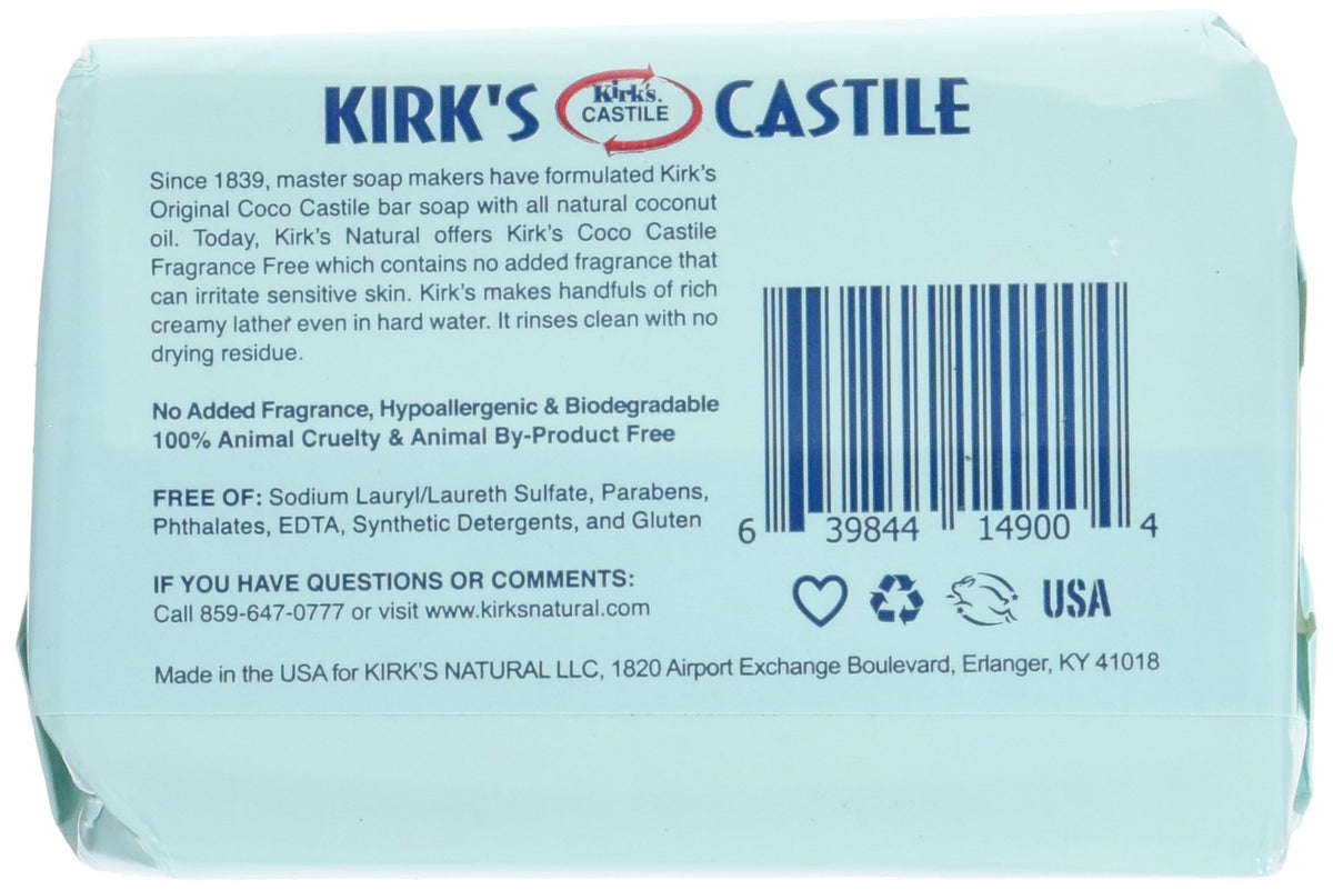 Kirk's Coco Castile Soap in use, versatile clean for bath, laundry, and hand washing.