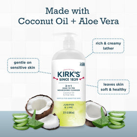 Kirk's coconut oil aloe vera ingredients panel emphasizes plant-based nourishment