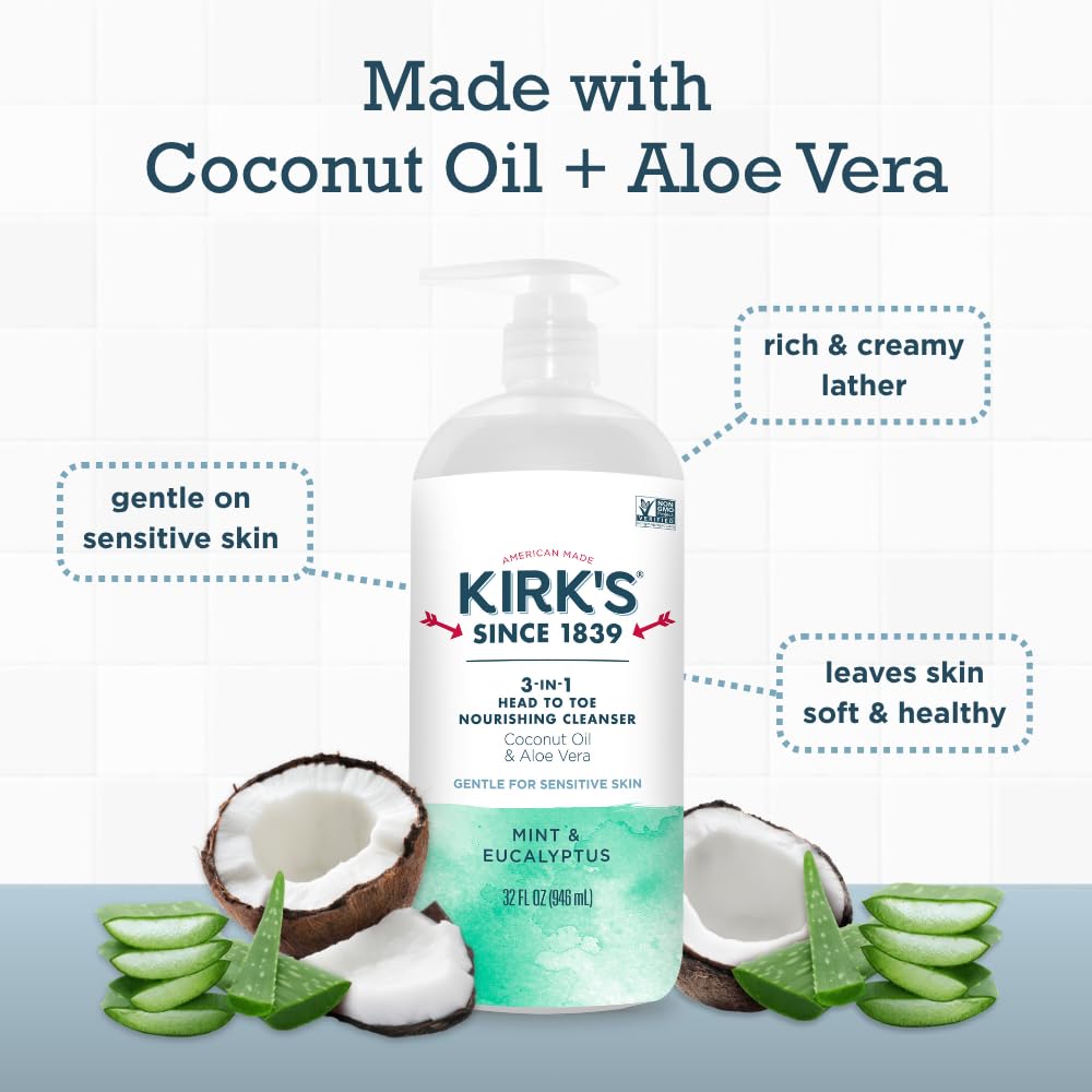 Kirk's coconut oil and aloe vera formula for hydration in cleansing.