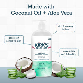 Kirk's coconut oil and aloe vera formula for hydration in cleansing.