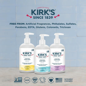 Kirks Hydrating Hand Wash four-pack packaging display for home use.