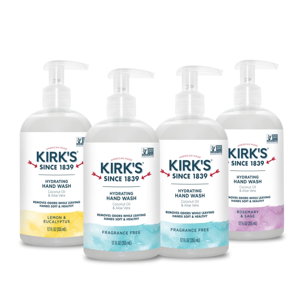 Kirks Hydrating Hand Wash bottle on bathroom shelf displaying creamy lather and hydration.