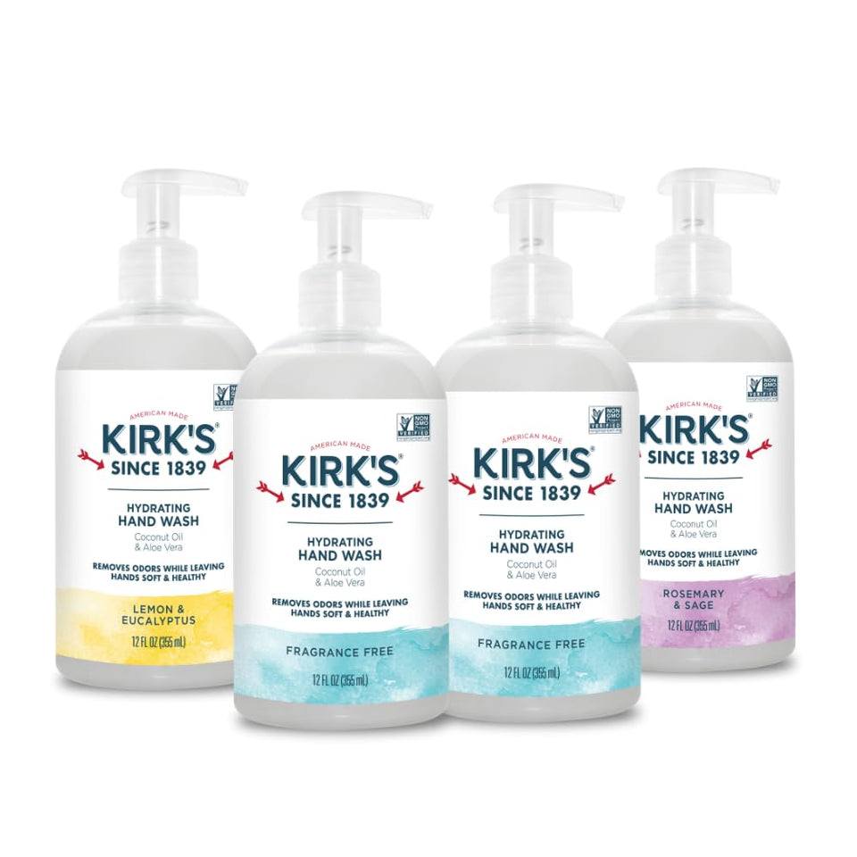 Kirks Hydrating Hand Wash bottle on bathroom shelf displaying creamy lather and hydration.