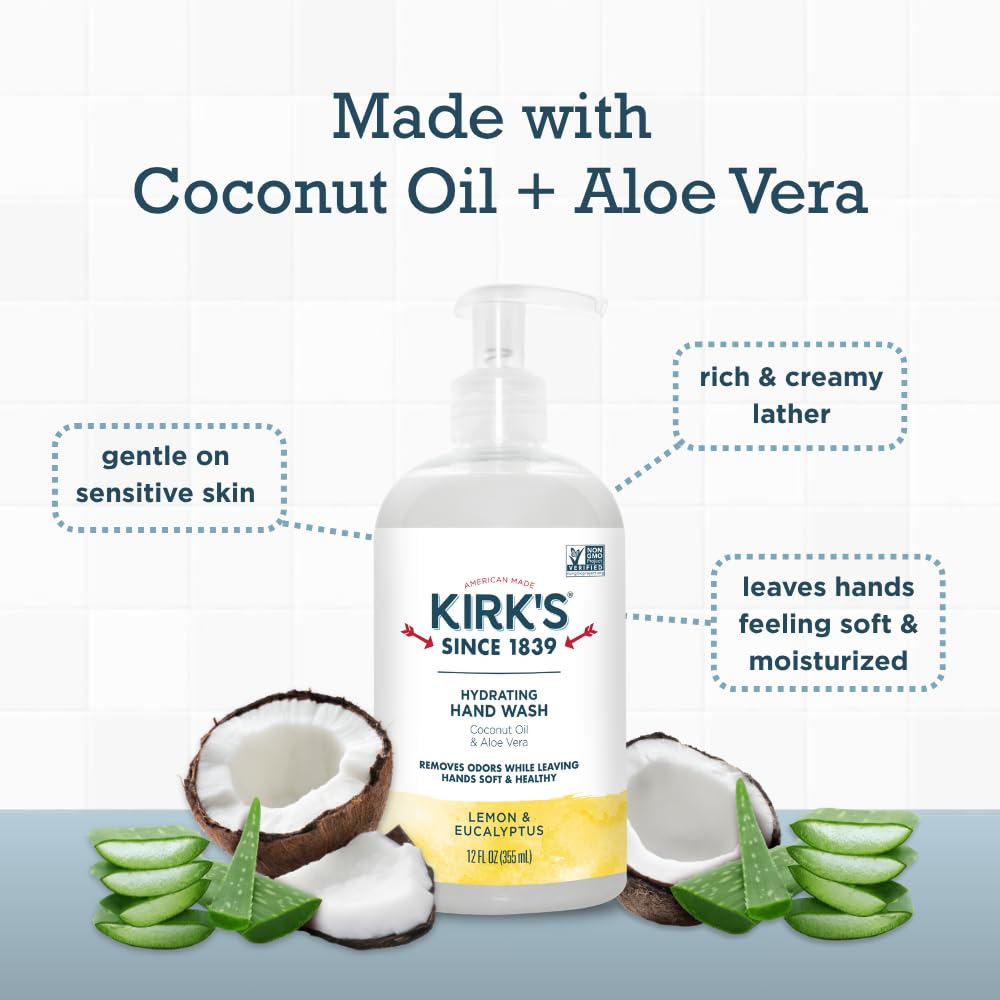 Kirks Hydrating Hand Wash 12 oz bottle ready for kitchen and bathroom use.