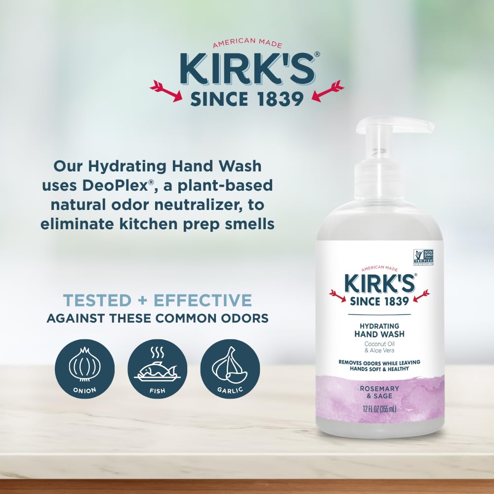 Kirks Hydrating Hand Wash label front close-up highlighting coconut oil and aloe vera.