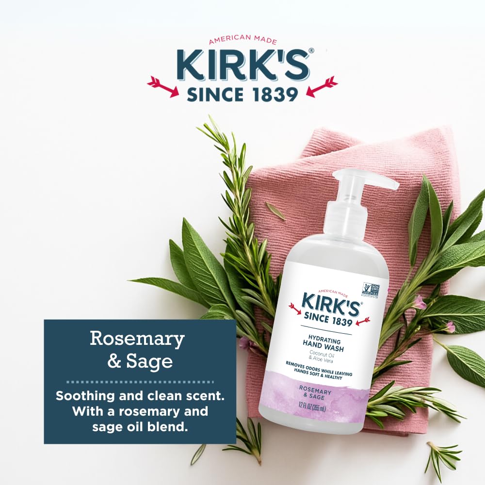 Kirks Hydrating Hand Wash vegan and non-GMO certification symbols visible.