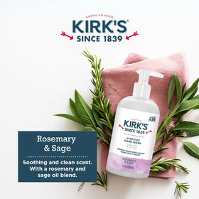 Kirks Hydrating Hand Wash vegan and non-GMO certification symbols visible.