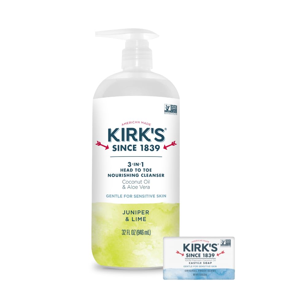 Kirk's Juniper & Lime Castile soap bottle for head-to-toe cleansing.