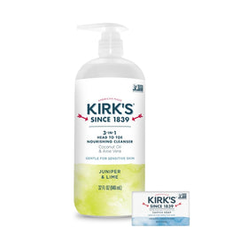 Kirk's Juniper & Lime Castile soap bottle for head-to-toe cleansing.