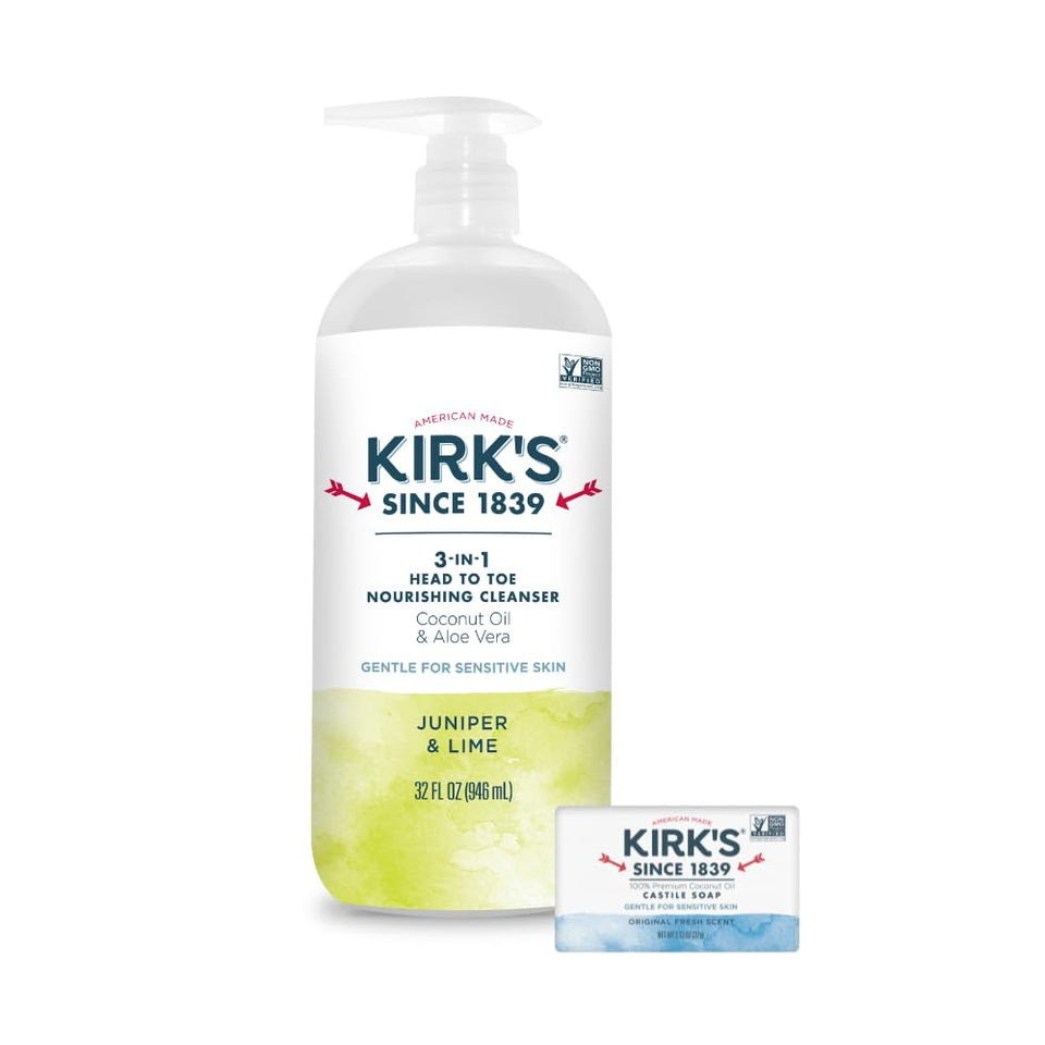 Kirk's Juniper & Lime Castile soap bottle for head-to-toe cleansing.