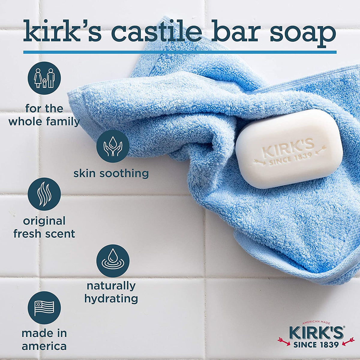 Kirks Natural Original Castile Soap label close-up highlights plant-based formula