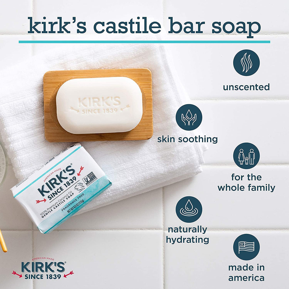 Kirk's Original Coco Castile Soap fragrance-free bar closeup shows pure coconut oil.