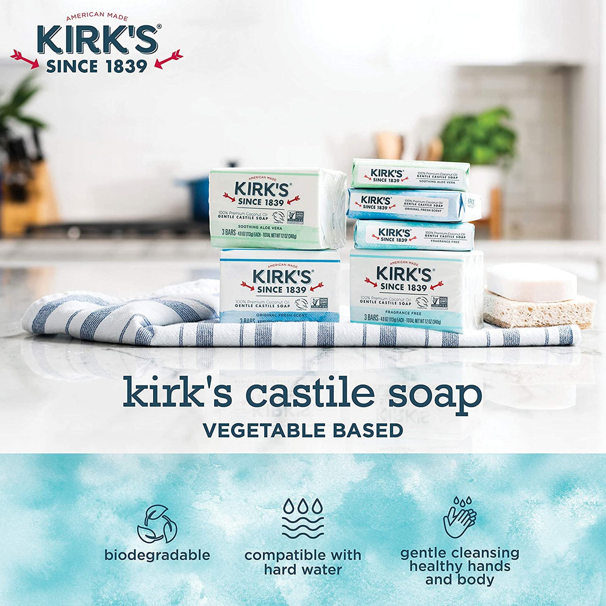 Kirk's fragrance-free hypoallergenic label on Castile soap communicates sensitive-skin suitability.