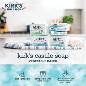 Kirk's fragrance-free hypoallergenic label on Castile soap communicates sensitive-skin suitability.