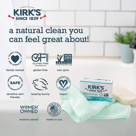 Kirk's natural coconut oil soap in closeup conveys plant-based cleansing.