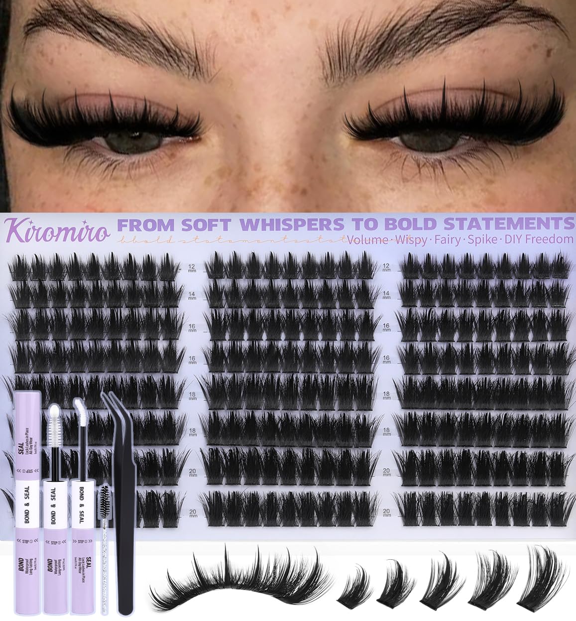 Kiromiro lash clusters spikes 12-20mm close view shows natural lift for everyday flutter.