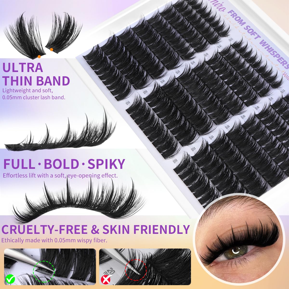 Kiromiro lash clusters spikes 12-20mm DIY kit with bond and seal for easy at-home application.