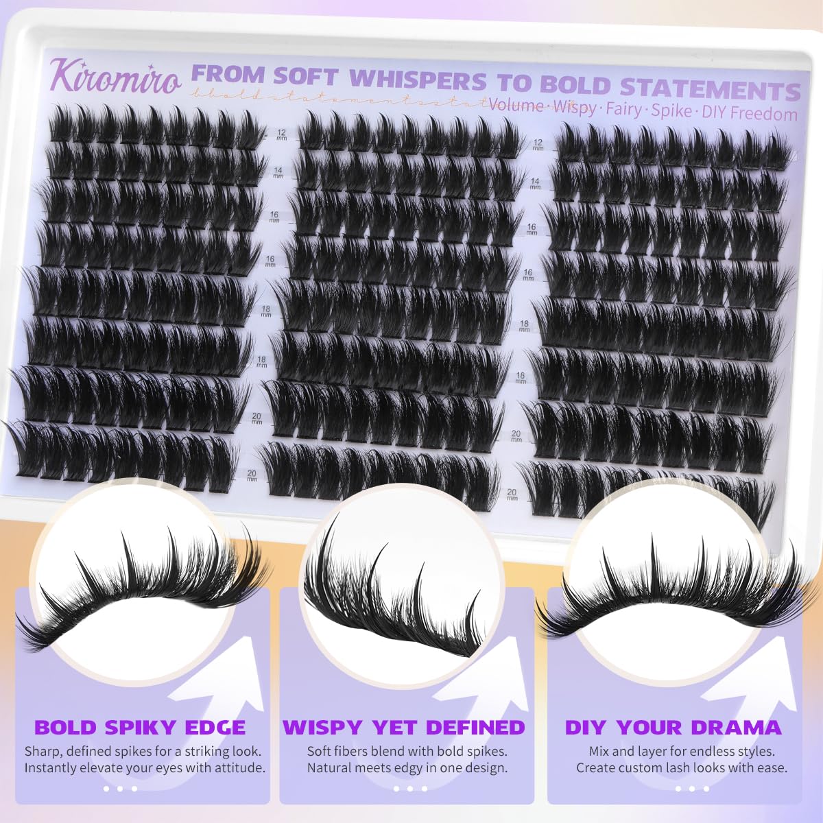 Kiromiro lash clusters spikes 12-20mm versatile length range supports natural, cat-eye, bold looks.