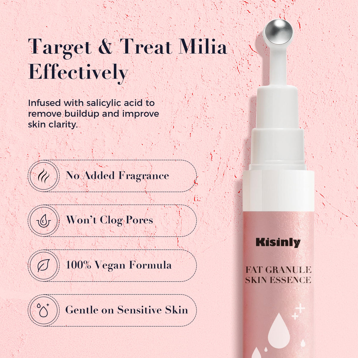 Kisinly Milia Remover serum dropper highlights fast-absorbing formula