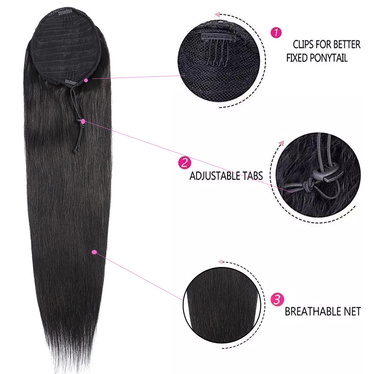 Kislemon clip-in ponytail base with 5x5 hairnet for secure fit.