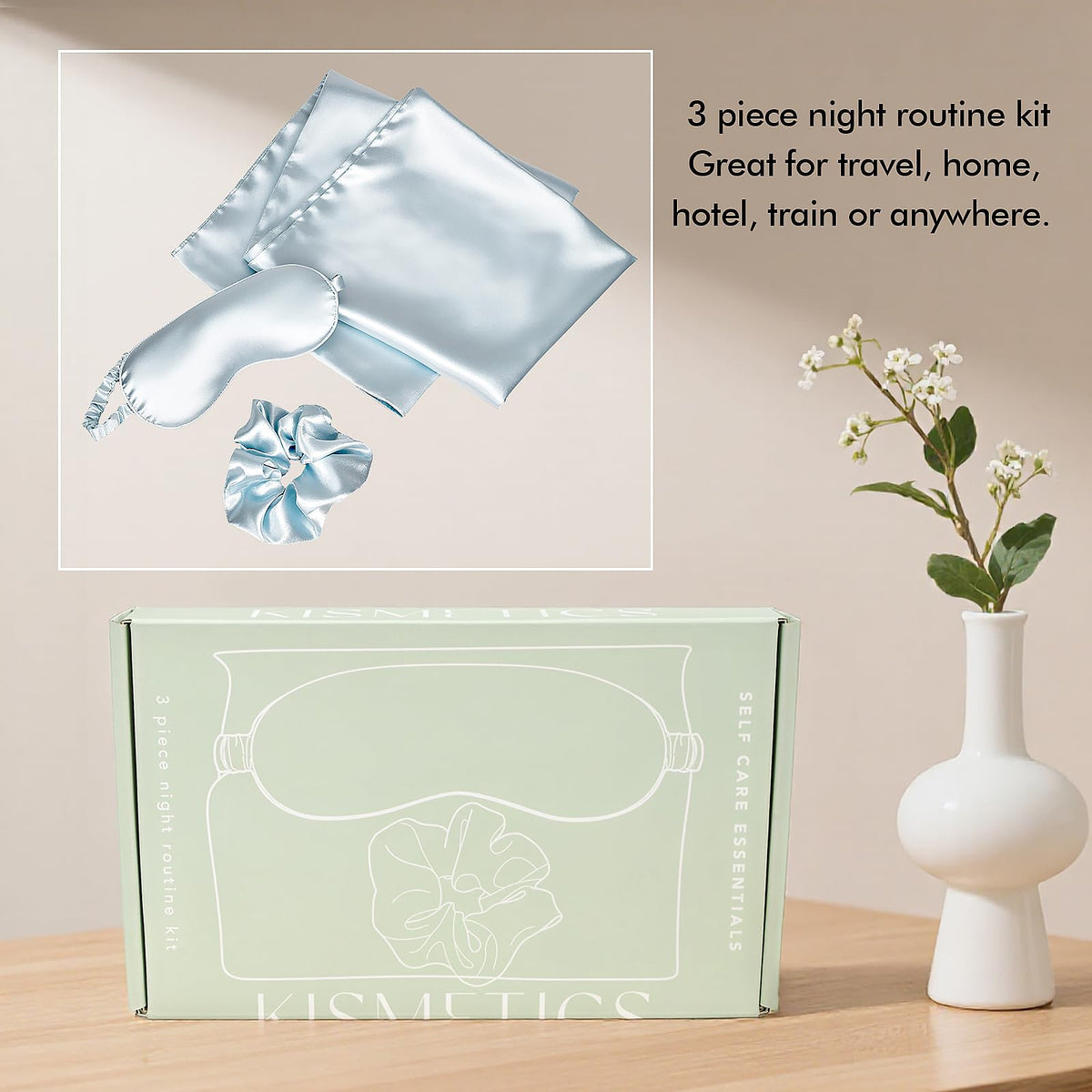 KISMETICS cruelty-free vegan silk packaging and care instructions