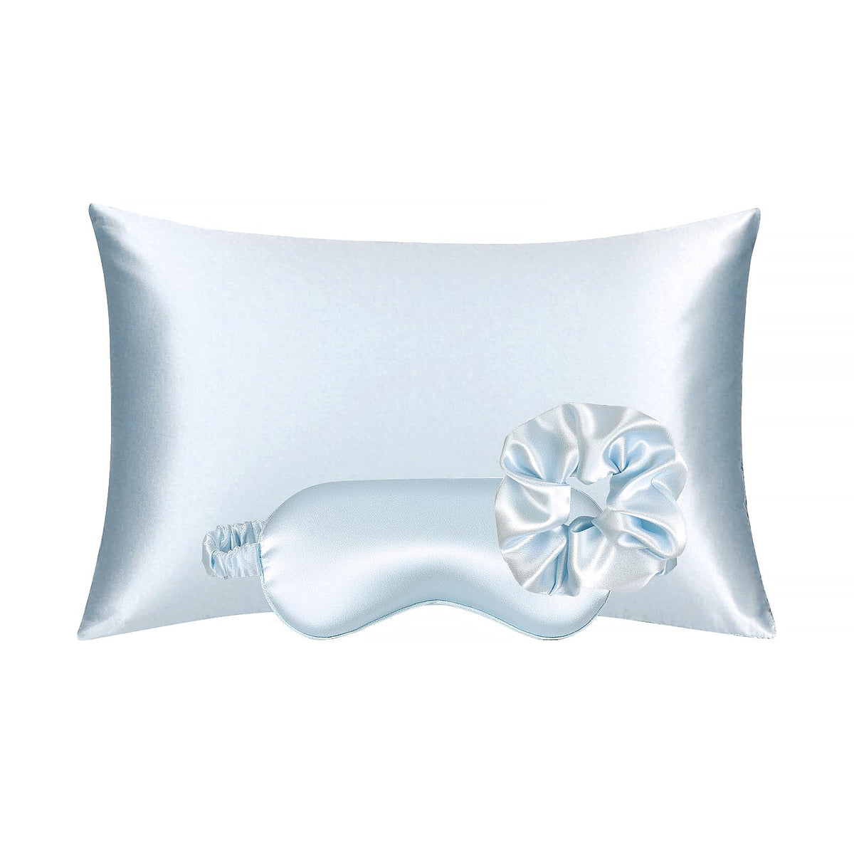 KISMETICS vegan silk pillowcase light blue close-up shows smooth finish and skin-friendly touch