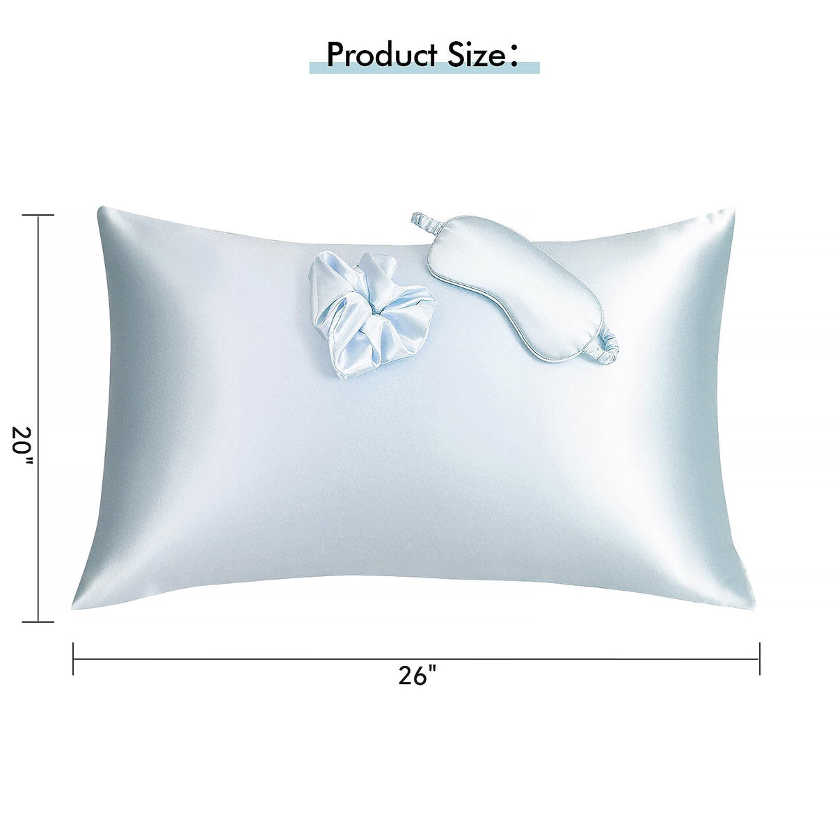 KISMETICS vegan silk pillowcase light blue on bed highlighting low-friction surface for hair