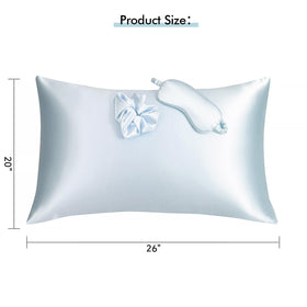 KISMETICS vegan silk pillowcase light blue on bed highlighting low-friction surface for hair