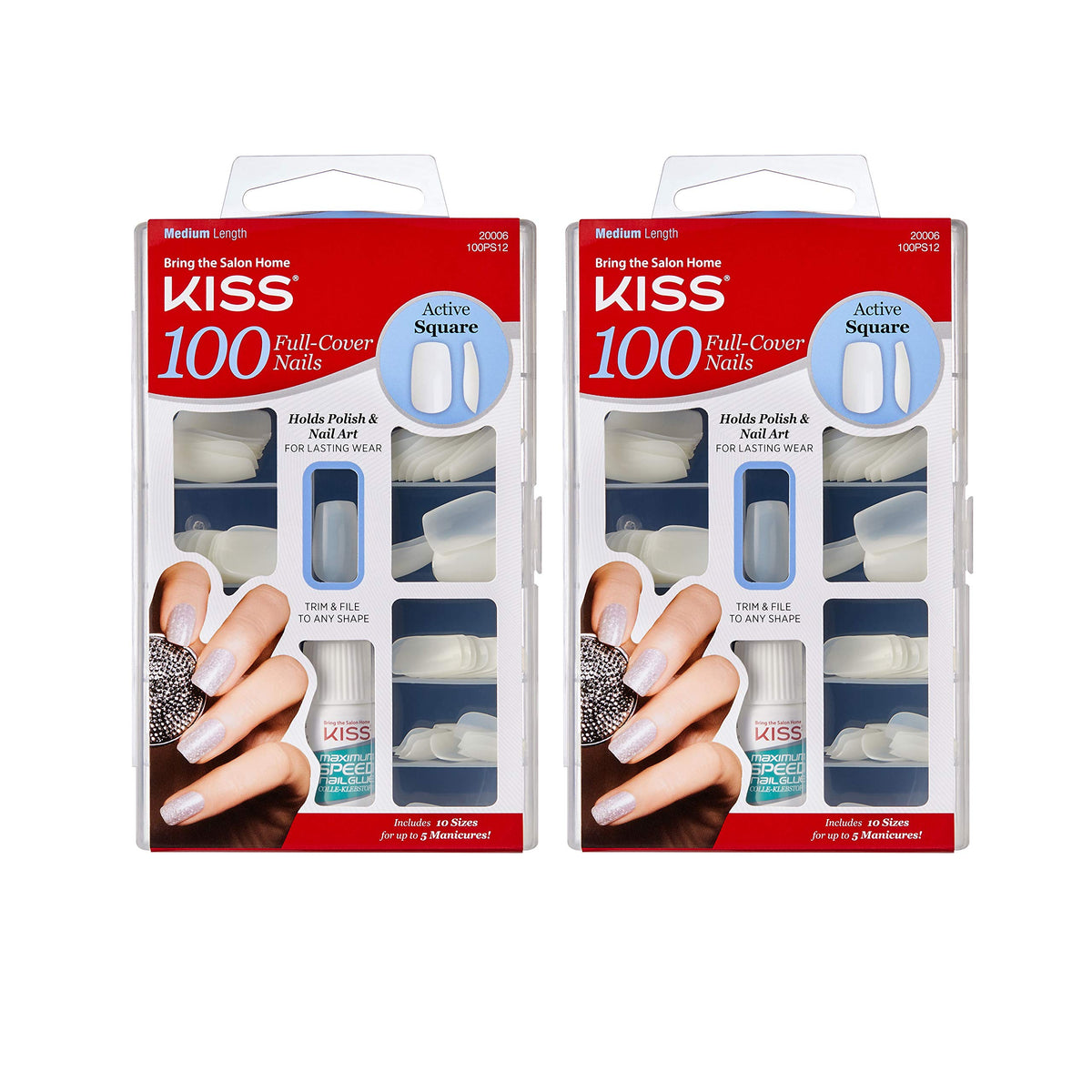KISS 100 full cover active square nails pack 2 ready for quick manicure.